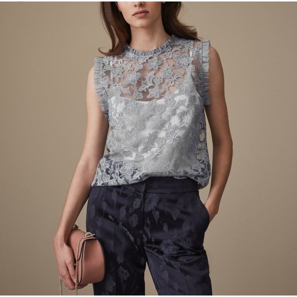 Reiss Top Us 6 Marina Sleeveless Blouse Floral Lace Silver Boho Peasant Office